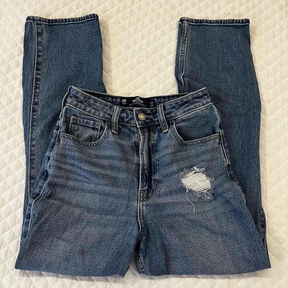 Holister 00R Ultra High-Rise Vintage Straight Women's Blue Distressed Jeans